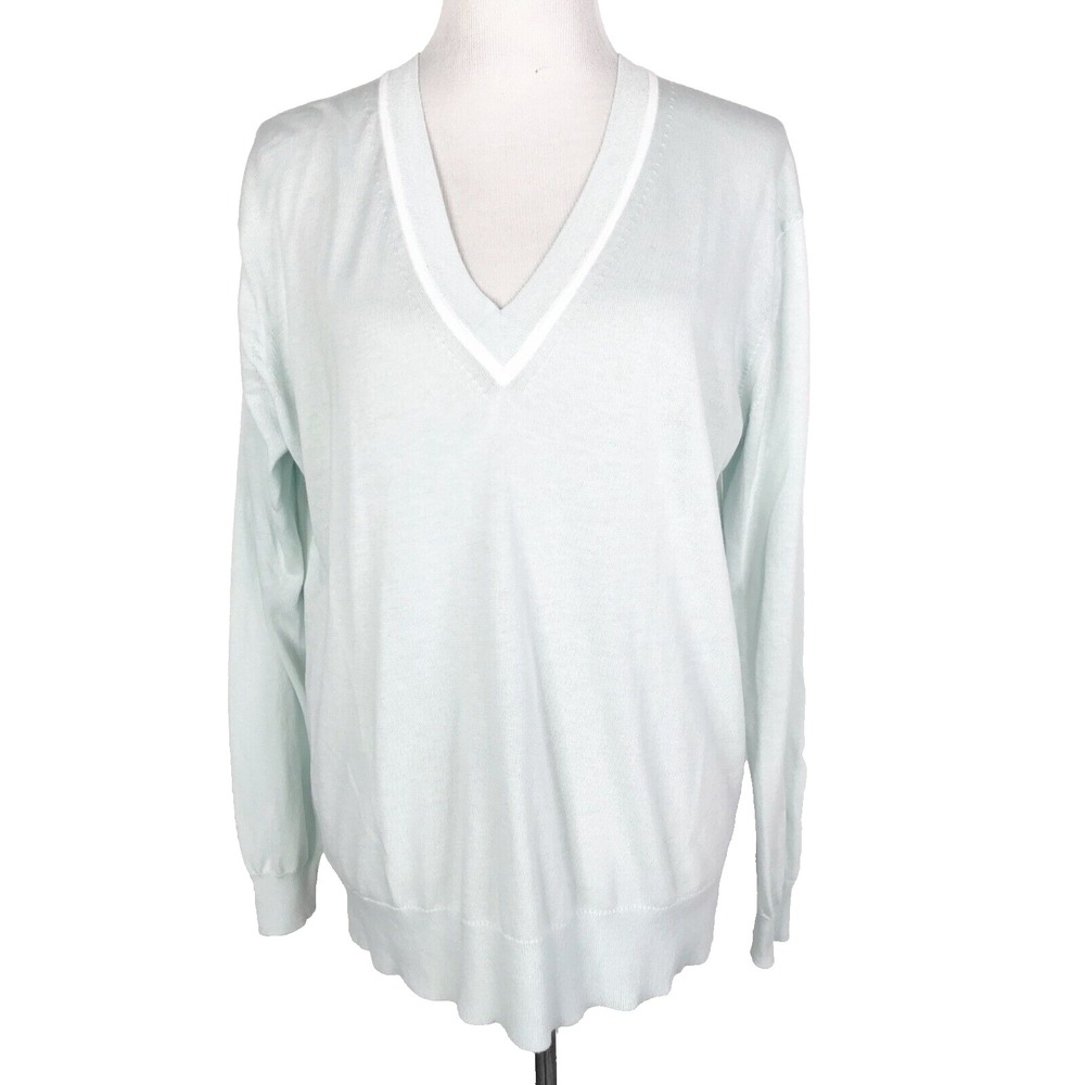 J Crew Sweater Womens Large Blue White Trim Lightweight Pullover Light Academia